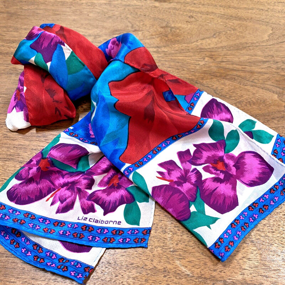 Vintage Liz Claiborne Silk Scarf Long Rectangle Gem Tones Floral Tropical Print - Picture 5 of 5